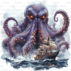 Pode incluir: Ilustração digital de um polvo roxo colossal com olhos laranja brilhantes, ameaçando um navio à vela em águas turbulentas. A obra de arte evoca um tema de fantasia e aventura marítima.