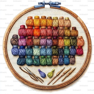 Puede incluir: Un bastidor de bordado colorido con una variedad de carretes de hilo en tonos de rojo, naranja, amarillo, verde, azul y morado. Varias herramientas de madera están dispuestas debajo de los carretes, lo que sugiere un proyecto de manualidades. El bastidor de madera está asegurado con un cierre de metal azul.