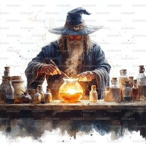 24 Wizard Potion Table Scene Clipart, Mage Mixing Elixir with Bottles Magic Workshop, Watercolor Printable JPG, Scrapbook, Junk Journal