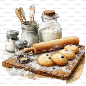 Puede incluir: Ilustración en acuarela de utensilios para hornear. Incluye un rodillo de madera, galletas con chispas de chocolate, harina, saleros y pimenteros, cucharas de madera y un tarro de harina. Los elementos están sobre una tabla de madera.