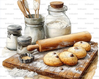 24 Baking Clipart, Cozy Home Baking Scene, Watercolor Printable JPG, High Quality 300 DPI, Scrapbook, Junk Journal