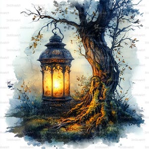 Könnte beinhalten: Aquarellmalerei einer Vintage-Laterne mit warmem, leuchtendem Licht. Die Laterne steht neben einem großen Baum mit freiliegenden Wurzeln und Herbstlaub. Das Kunstwerk hat eine weiche, ätherische Qualität mit gedämpften Blau- und Grüntönen.