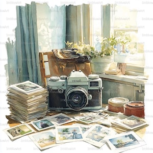 May include: Watercolor painting of a vintage camera with the text "TYPOH" on the front, surrounded by a stack of photos and scattered prints. A leather bag, small jars, and a potted plant sit nearby, creating a nostalgic scene.