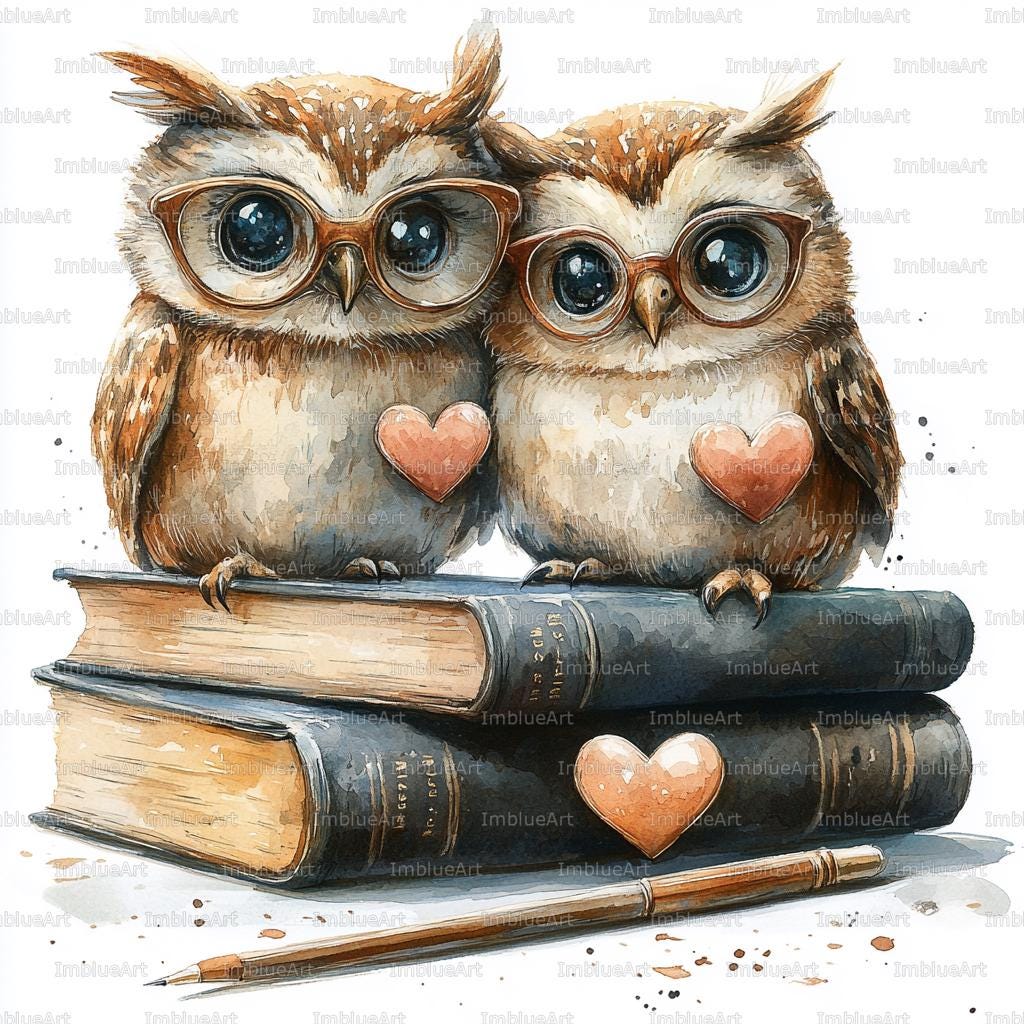 24 Owl Couple Clipart | Wise Bird Romance | Heart-shaped Glasses | Printable Watercolor Art | High Q