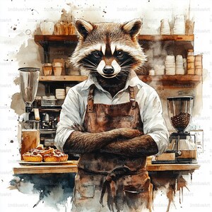 May include: Watercolor illustration of a raccoon barista wearing a white shirt and brown leather apron, arms crossed. The raccoon stands in front of a coffee shop with coffee machines, pastries, and coffee beans.