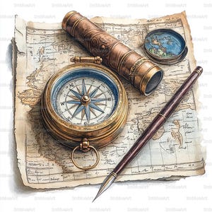 Op de afbeelding: Een illustratie in antieke stijl met een kompas, telescoop en pen op een vintage kaart. Het goudkleurige kompas heeft een blauw-witte wijzerplaat. De telescoop is bruin, de pen donkerbruin. De kaart heeft een sepia-tint.