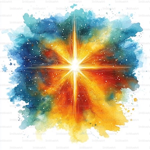 May include: Watercolor painting of a bright starburst against a backdrop of blue, orange, and yellow hues. The artwork features a central, radiant star with emanating light rays, surrounded by a nebula-like splash of colors and white speckles.