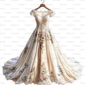 Puede incluir: Un vestido de novia marfil estilo acuarela, con bordados florales y ribetes de encaje. El vestido presenta un corpiño ajustado, mangas cortas y una falda amplia con cola. Cuelga de una percha de madera.