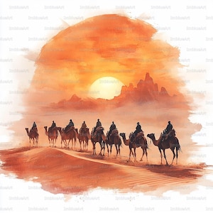 May include: Watercolor painting of a desert caravan at sunset. Silhouetted figures ride camels across sand dunes, with a large sun and mountains in the background. The artwork has a warm, orange and yellow color palette.