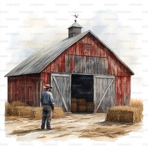 Peut inclure: Peinture à l'aquarelle d'une grange rouge avec un toit gris et des portes ouvertes. Une personne en vêtements de travail et un chapeau se tient devant la grange. Des balles de foin sont au sol. Le texte "ImblueArt" est visible.