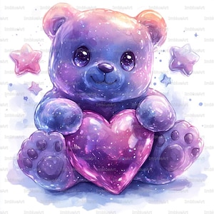 May include: A watercolour illustration of a teddy bear holding a heart. The bear is a gradient of purple and blue with sparkling details, and the heart is a translucent pink. Pink and purple stars are scattered around the bear.