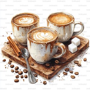 May include: Watercolor illustration of three coffee mugs with latte art, resting on a wooden board. The mugs are white with brown accents, accompanied by cinnamon sticks, a spoon, sugar cubes, and scattered coffee beans.