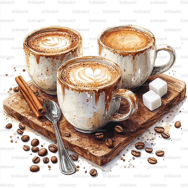 May include: Watercolor illustration of three coffee mugs with latte art, resting on a wooden board. The mugs are white with brown accents, accompanied by cinnamon sticks, a spoon, sugar cubes, and scattered coffee beans.