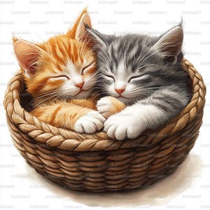 Puede incluir: Ilustración digital de dos gatitos durmiendo en una cesta de mimbre. Un gatito es naranja y blanco, el otro gris y blanco. La cesta es de color marrón claro y los gatitos están acurrucados con los ojos cerrados.