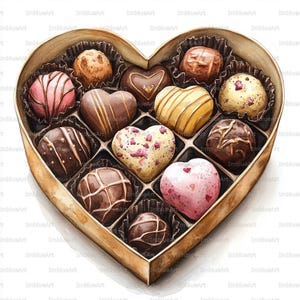 Op de afbeelding: Een goudkleurige hartvormige doos gevuld met diverse chocolaatjes. De chocolaatjes hebben verschillende vormen, waaronder harten en rondjes, en zijn versierd met strepen en hagelslag. Een selectie van heerlijke traktaties, perfect om cadeau te geven of van te genieten.