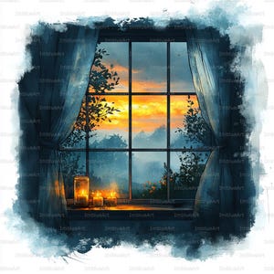 Puede incluir: Pintura a la acuarela de una ventana con vista a una puesta de sol. La ventana tiene un marco negro y cortinas azules. Velas encendidas están en el alféizar. La imagen está enmarcada con un borde de acuarela azul.