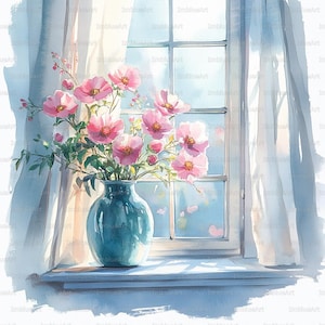 24 Window Flower Clipart, Spring Collection, Sunlit Home Floral Still Life Scene, Watercolor Printable JPG 300 DPI, Scrapbook, Junk Journal