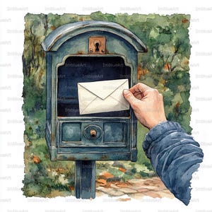 May include: Watercolor painting of a teal mailbox with a hand inserting a white envelope. The mailbox has a keyhole and a small door. The background features green foliage and a pathway. The image has the text "ImblueArt" repeated.