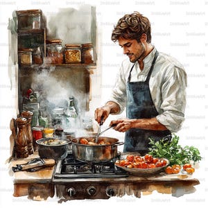 Può includere: Illustrazione ad acquerello di uno chef che cucina in una cucina. Lo chef, con camicia bianca e grembiule scuro, mescola una pentola su un fornello a gas. Sono visibili vari ingredienti e utensili da cucina, tra cui una ciotola di pomodori.