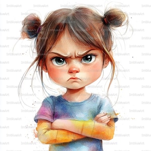 Puede incluir: Ilustración en acuarela de una niña con expresión de enfado. Tiene el pelo castaño recogido en dos moños, ojos azules y brazos cruzados. Su camisa es azul con mangas coloridas. La obra de arte tiene un estilo caprichoso y de dibujos animados.