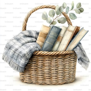 May include: A watercolour illustration of a wicker basket filled with vintage books and a plaid blanket. The basket has a woven handle and is adorned with a sprig of green leaves. The books have aged covers in various colours.