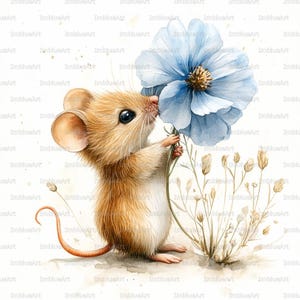 Può includere: Illustrazione ad acquerello di un piccolo topo marrone che tiene in mano un grande fiore azzurro. Il topo ha grandi occhi neri e una lunga coda ricurva. Il fiore ha delicati petali, su uno sfondo bianco morbido.
