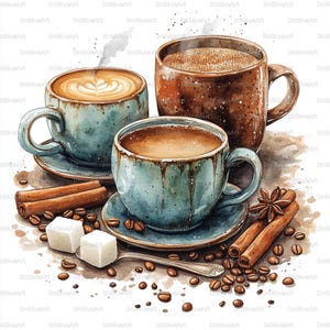May include: Watercolor illustration of three coffee cups with steam, featuring latte art, and a brown mug. Cinnamon sticks, star anise, sugar cubes, and coffee beans surround the cups. The cups are blue with brown drips.