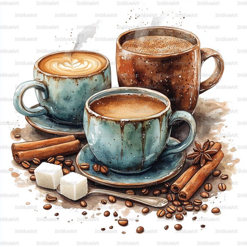 May include: Watercolor illustration of three coffee cups with steam, featuring latte art, and a brown mug. Cinnamon sticks, star anise, sugar cubes, and coffee beans surround the cups. The cups are blue with brown drips.