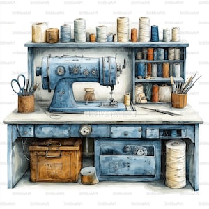 May include: Watercolor illustration of a vintage sewing machine on a blue table. The table has drawers and a shelf with spools of thread in various colors. Scissors, brushes, and a ruler are also present, suggesting a crafting theme.