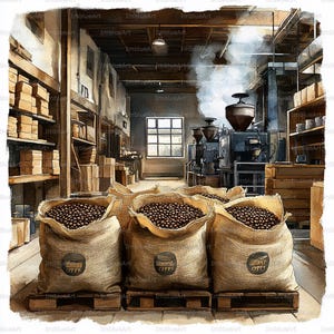 May include: Watercolor illustration of a coffee roasting facility. Three large burlap sacks filled with coffee beans sit on wooden pallets. The scene includes industrial equipment, shelves of boxes, and steam rising.