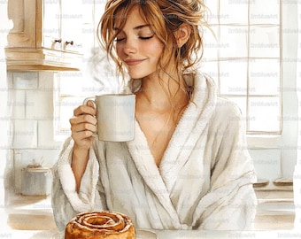 24 Morning Coffee Girl Clipart, Cozy Woman Drinking Coffee, Daily Ritual Scene, Watercolor Printable JPG 300 DPI, Scrapbook, Junk Journal