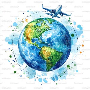 Puede incluir: Ilustración en acuarela de la Tierra con América del Norte y del Sur en verde y amarillo. Un avión blanco vuela sobre el planeta, con una línea de puntos que rodea el globo. Salpicaduras de acuarela azules y verdes rodean la Tierra.