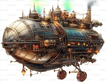24 Clipart di dirigibili steampunk, scena di avventura di dirigibili fantasy polari, acquerello stampabile JPG 300 DPI, album di ritagli, diario spazzatura