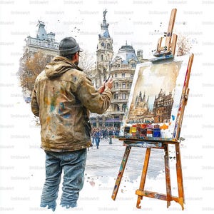 Puede incluir: Acuarela de un artista trabajando, capturando un paisaje urbano sobre lienzo. El artista, con chaqueta y vaqueros, se encuentra frente a un caballete con tubos de pintura. La obra representa edificios y una concurrida escena callejera.