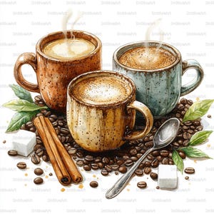 May include: Watercolor illustration of three steaming mugs of coffee with latte art. The mugs are brown and blue, surrounded by coffee beans, cinnamon sticks, sugar cubes, a spoon, and green leaves. The image has a warm, inviting feel.
