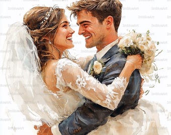 24 Wedding Couple Clipart, Bride and Groom Watercolor Printable JPG 300 DPI, Romantic Wedding Illustration, Scrapbook, Junk Journal