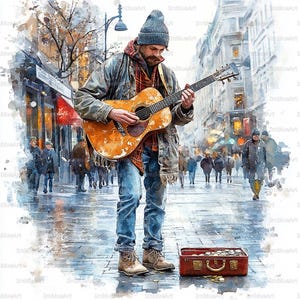 Può includere: Dipinto ad acquerello di un musicista di strada che suona una chitarra acustica usurata in una strada cittadina bagnata. Il musicista indossa un berretto, una giacca e jeans. Una valigetta rossa con monete è ai suoi piedi. Lo sfondo mostra figure e edifici sfocati.