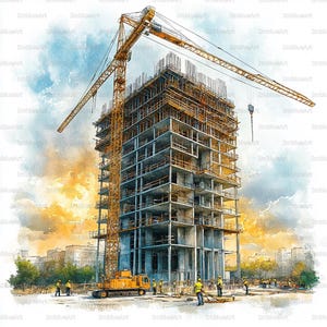 May include: Watercolor painting of a high-rise building under construction. A large yellow crane extends over the unfinished structure. Construction workers in yellow vests are visible at the base of the building. The sky is a mix of blue and yellow.