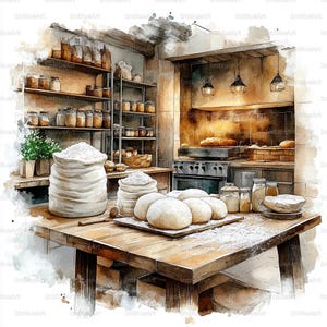 Puede incluir: Ilustración en acuarela de un interior de panadería rústica. Una mesa de madera exhibe sacos de harina, masa y una tabla de madera con panecillos. Estantes repletos de tarros y suministros, con un horno de ladrillo al fondo.