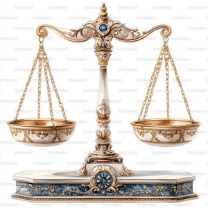 May include: An ornate, gold-toned balance scale with two bowls suspended by chains. The scale features intricate detailing, a central column, and a decorative base with blue accents. A blue gem is set at the top.
