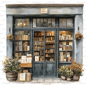 24 Cozy Bookshop Window Clipart, Autumn Reading Street Scene, Watercolor Printable JPG 300 DPI, Scrapbook, Junk Journal