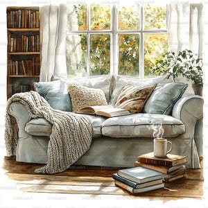 Puede incluir: Pintura a la acuarela de una escena de sala de estar acogedora. Un sofá azul claro está adornado con almohadas y una manta de punto. Una pila de libros, una taza de café y un libro abierto descansan cerca. Una estantería y una ventana completan la escena.