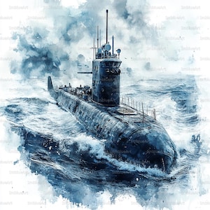 Op de afbeelding: Waterverfschilderij van een onderzeeër die door woelige wateren vaart. Het schip is donkerblauw met gedetailleerde structuren, waaronder een toren en antennes. Het kunstwerk legt de beweging van de golven en de bewolkte lucht vast.
