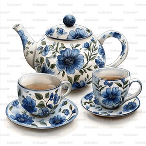 24 Teapot Clipart, Blue White Porcelain Teapot Delft Floral Pattern Vintage Tea Scene, Watercolor Printable JPG, Scrapbook, Junk Journal