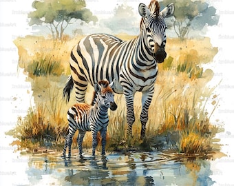 24 Zebra Familie Clipart, Zebra und Baby Zebra Aquarell Printable JPG 300 DPI, Safari Tiere Sammelalbum, Junk Journal