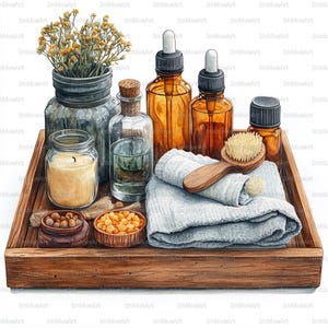 Pode incluir: Uma bandeja de madeira com vários artigos de spa e bem-estar. Apresenta frascos de vidro âmbar com conta-gotas, uma escova de madeira, uma toalha branca enrolada, uma vela acesa num frasco e pequenas tigelas de madeira com grãos e sementes.