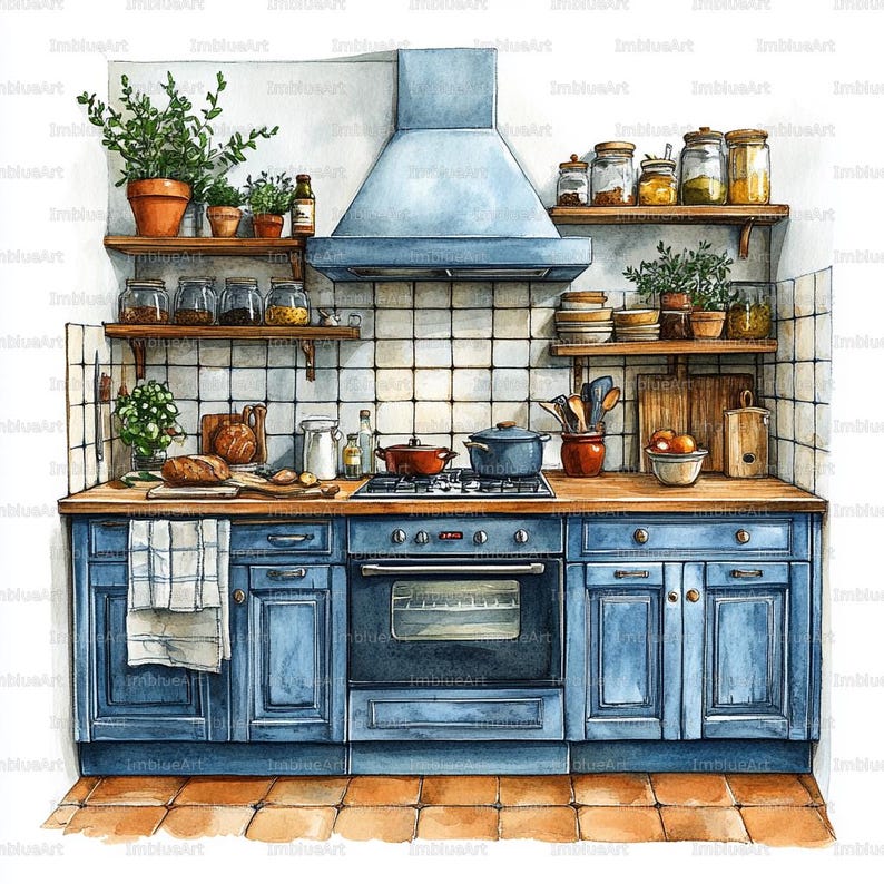 24 Kitchen Interior Clipart, Cozy Modern Kitchen Watercolor Printable ...