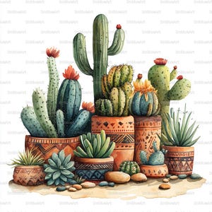 24 Boho Cactus Clipart | Bohemian Plants | Desert Decor | Printable Watercolor Art | High Quality JPGs | Paper Craft