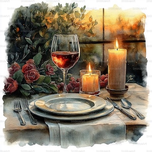 May include: Watercolor painting of a romantic table setting. A wine glass filled with red wine sits next to lit candles, plates, silverware, and red roses. The scene is set on a white tablecloth with a window in the background.