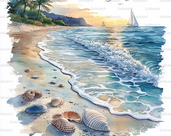 24 Beach Landscape Clipart, Calm Ocean Seascape, Watercolor Printable JPG, High Quality 300 DPI, Scrapbook, Junk Journal